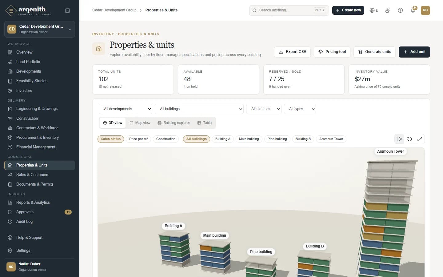 Arqenith 3D view of buildings by sales status