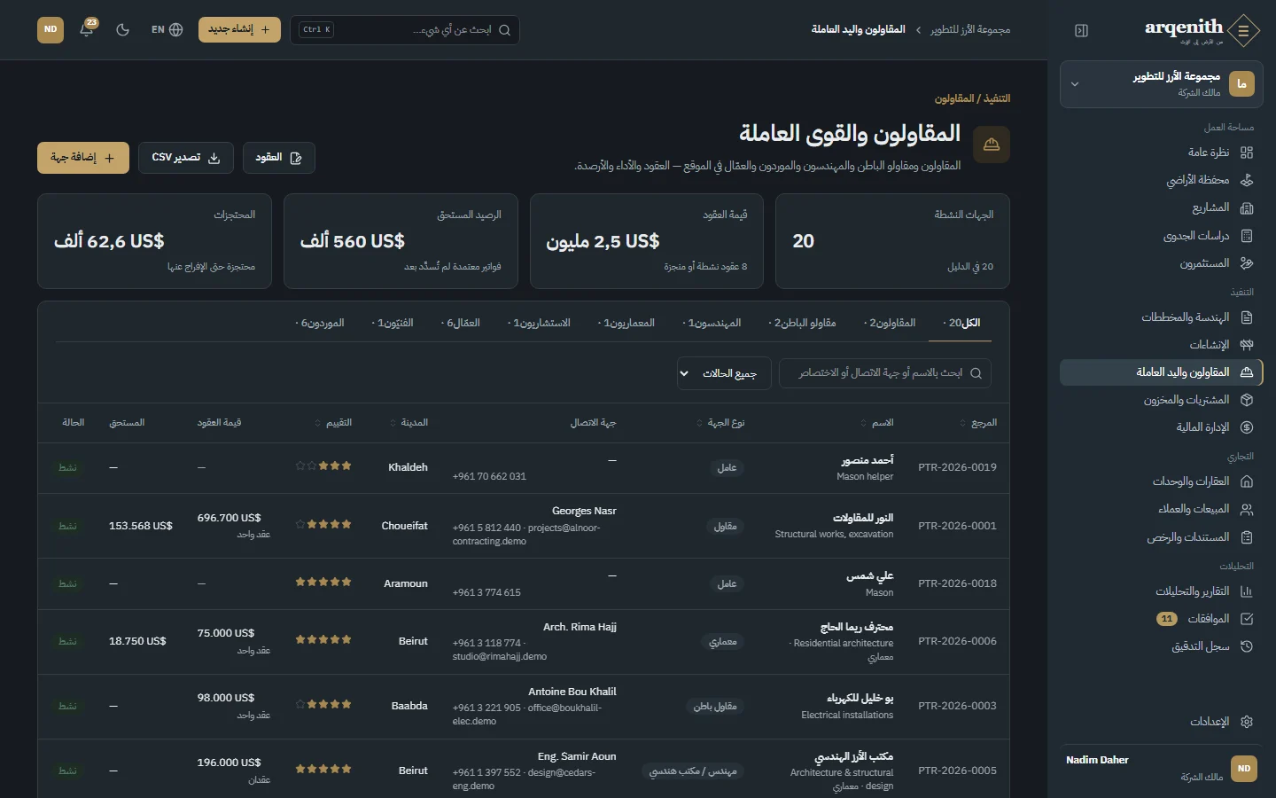 المقاولون والموردون والاستشاريون