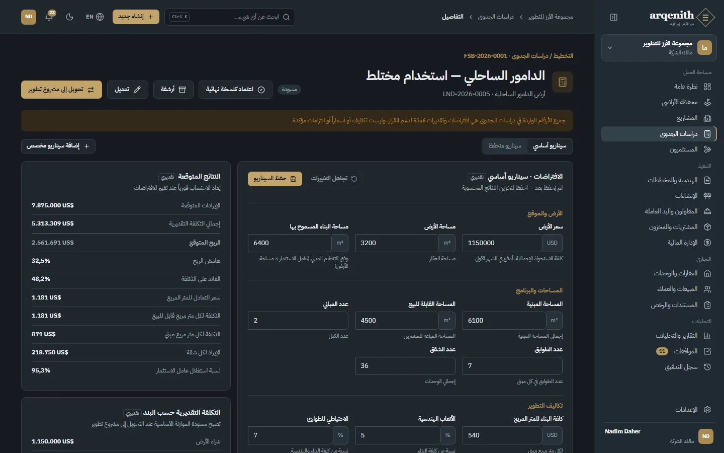 دراسة جدوى مع السيناريوهات والعوائد