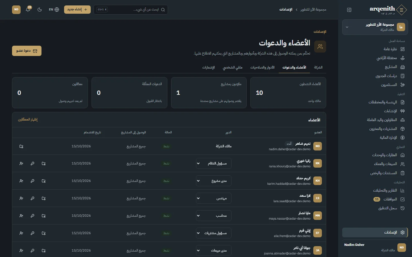 الأعضاء والدعوات
