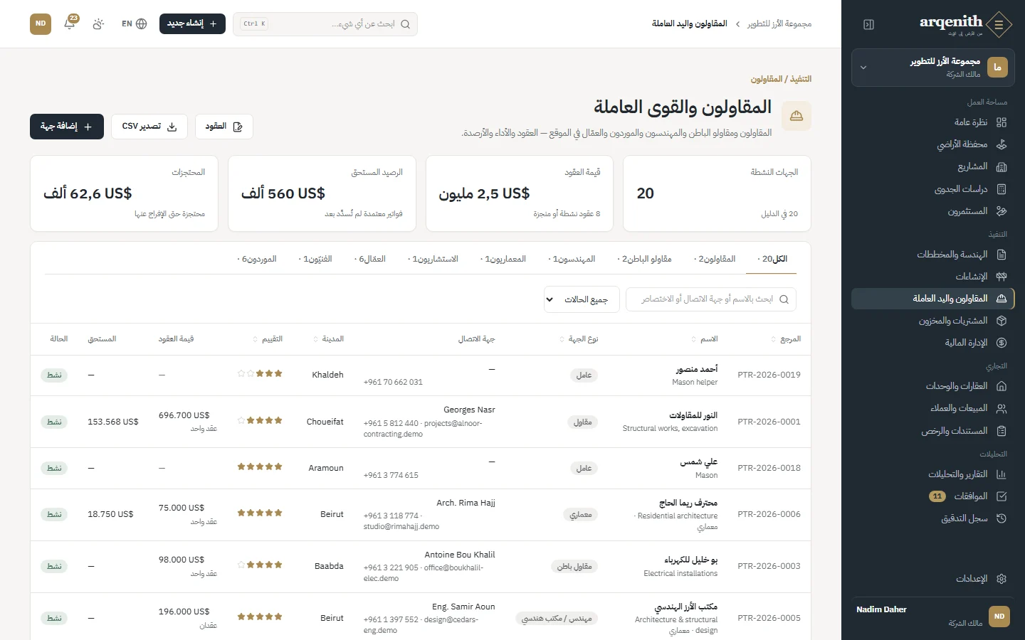 المقاولون والموردون والاستشاريون