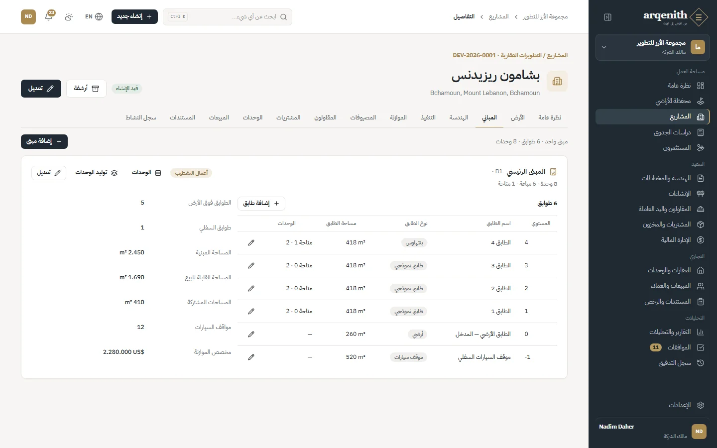 مباني المشروع وطوابقه