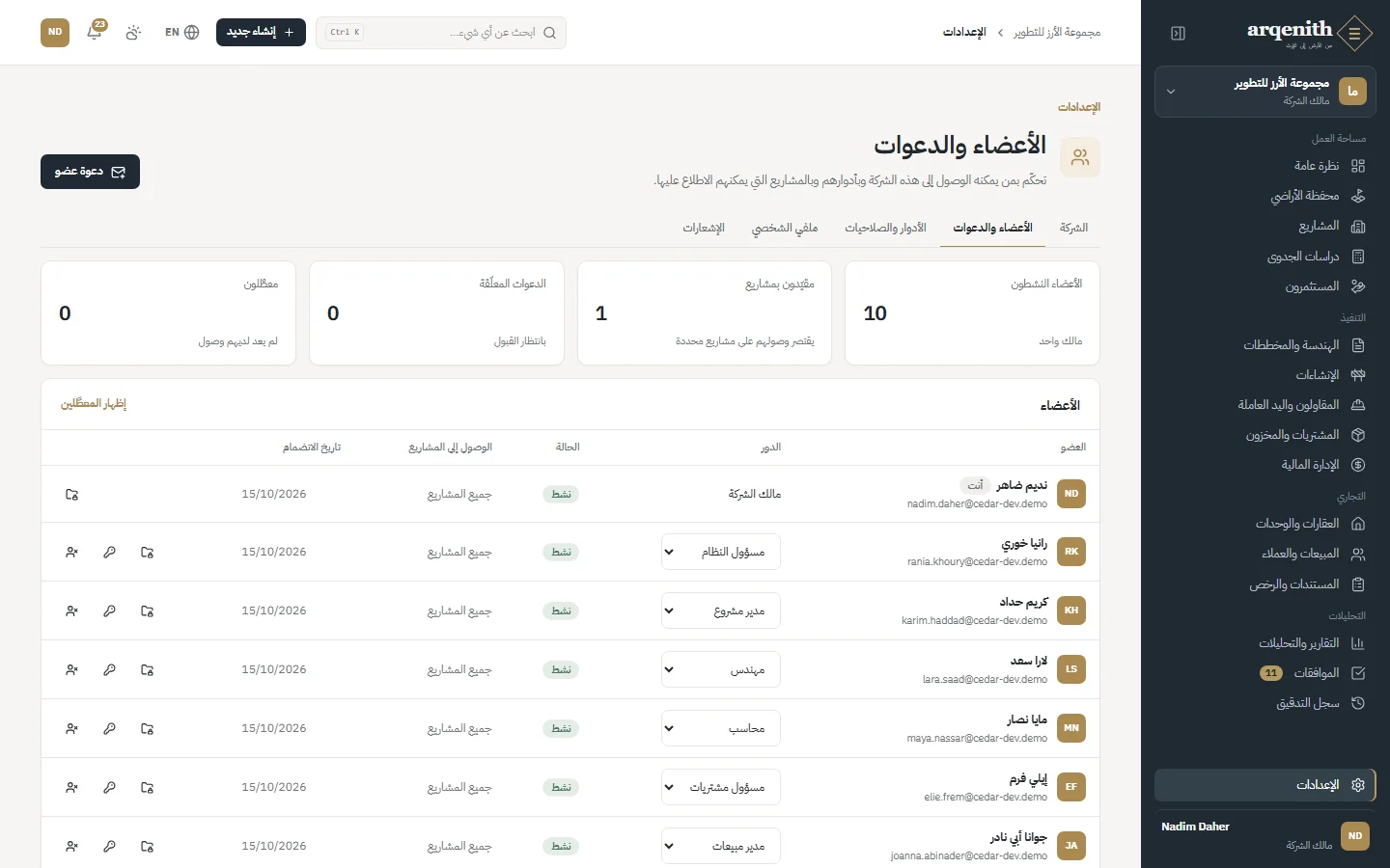 الأعضاء والدعوات