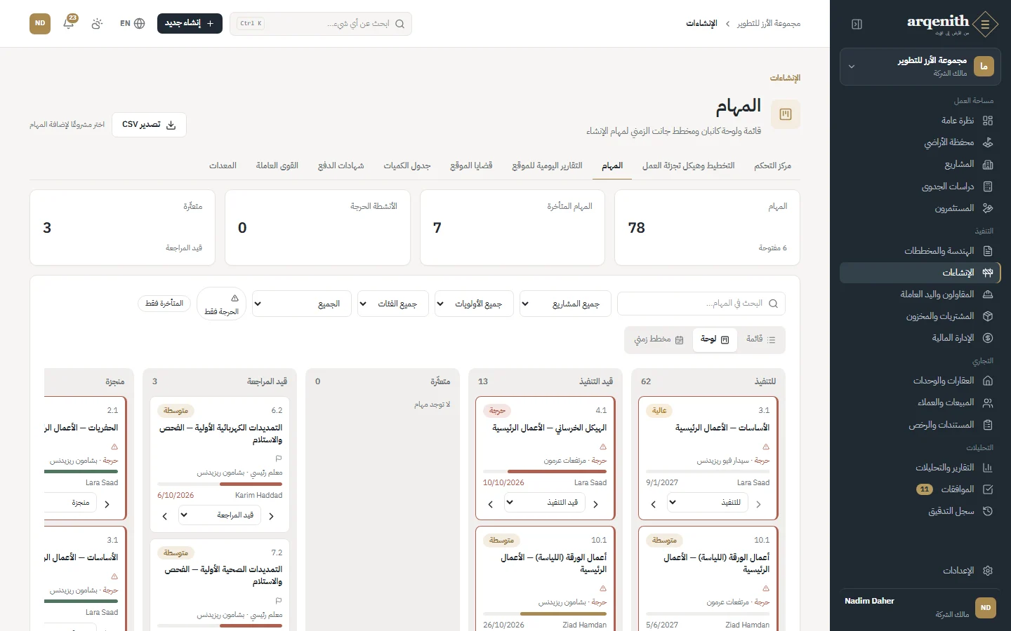 المهام على اللوحة