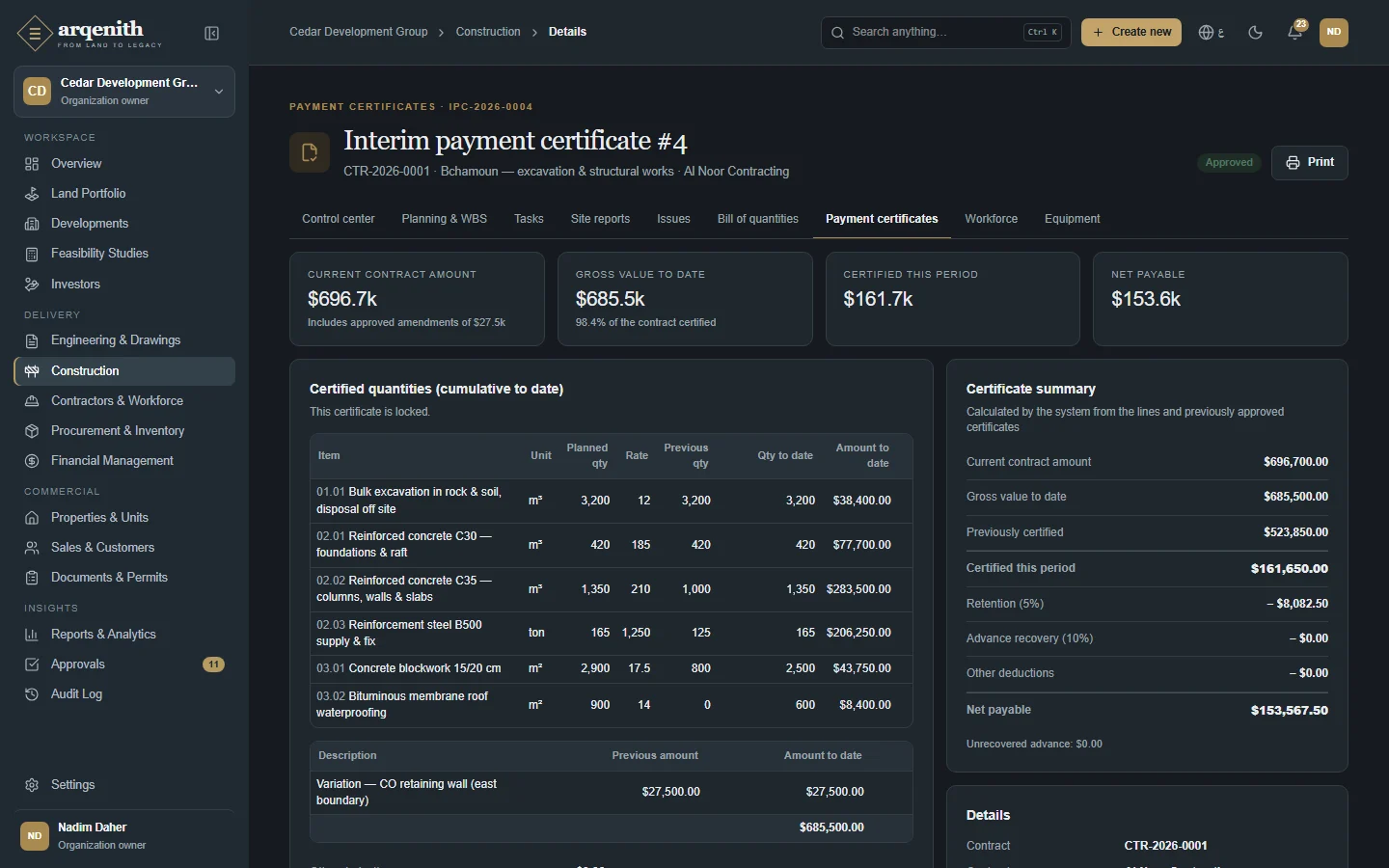 A payment certificate with retention