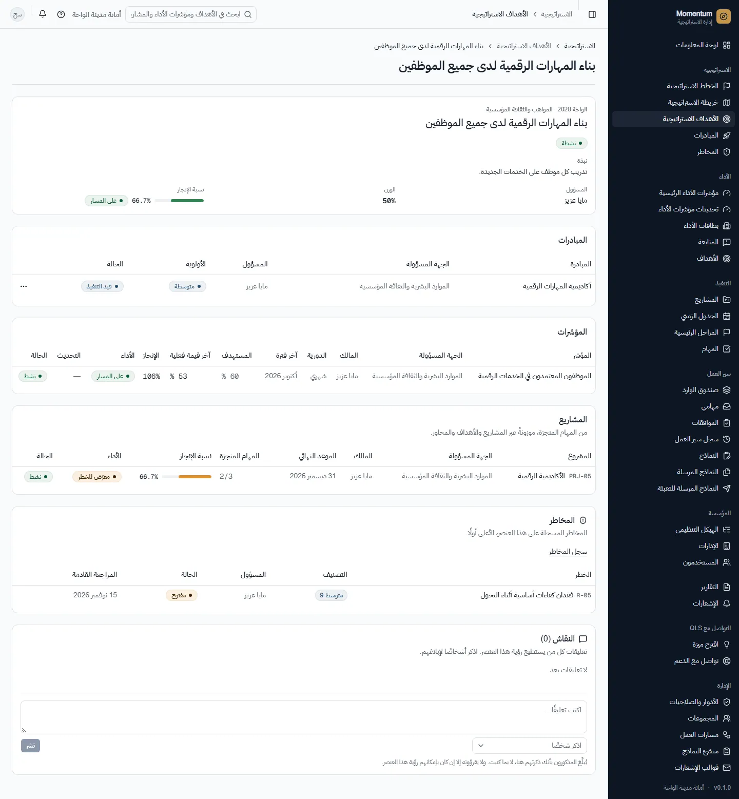 هدف مع مبادراته ومؤشراته ومشاريعه ومخاطره والنقاش حوله
