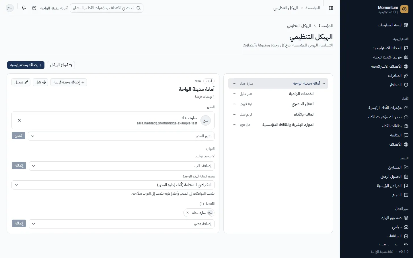 الهيكل التنظيمي: الوحدات، والمديرون، والنواب، والأعضاء