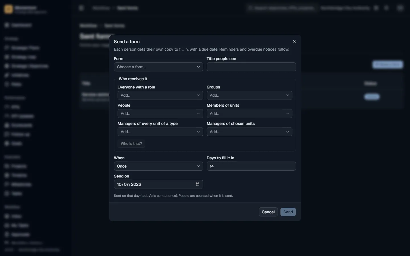 Sending a form: recipients, schedule and due days
