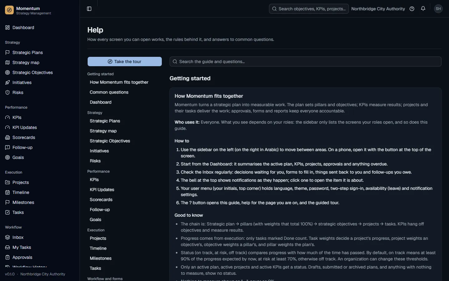The in-app guide, searchable, for every screen