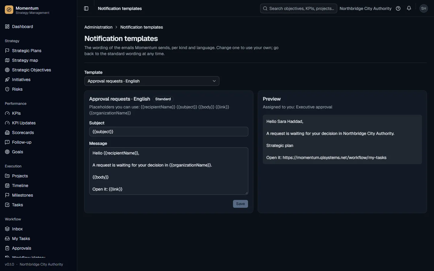 Email templates in English and Arabic, with a live preview