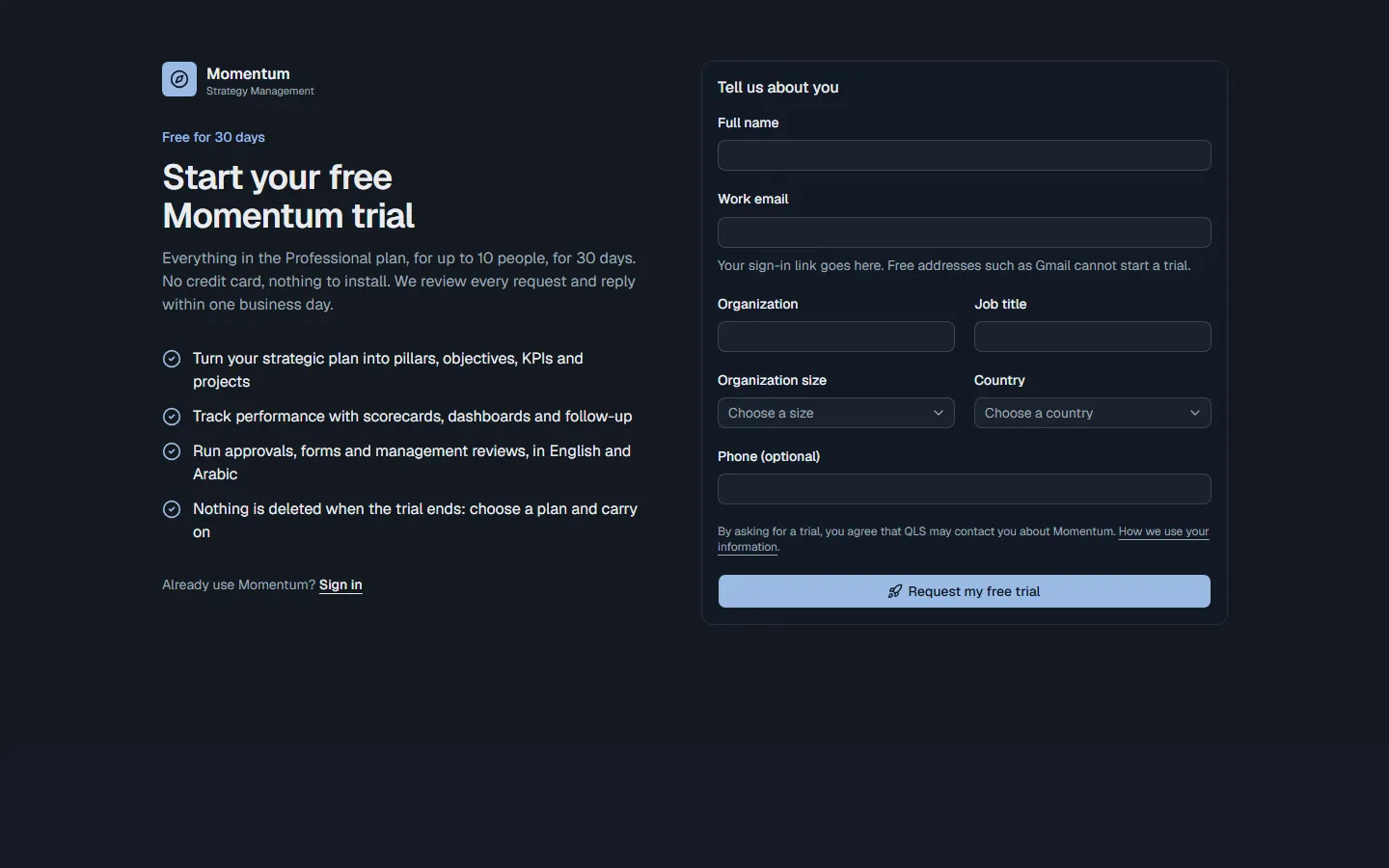 Requesting a free 30-day trial