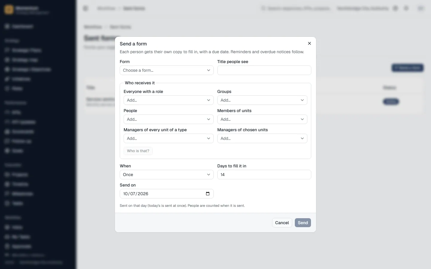 Sending a form: recipients, schedule and due days