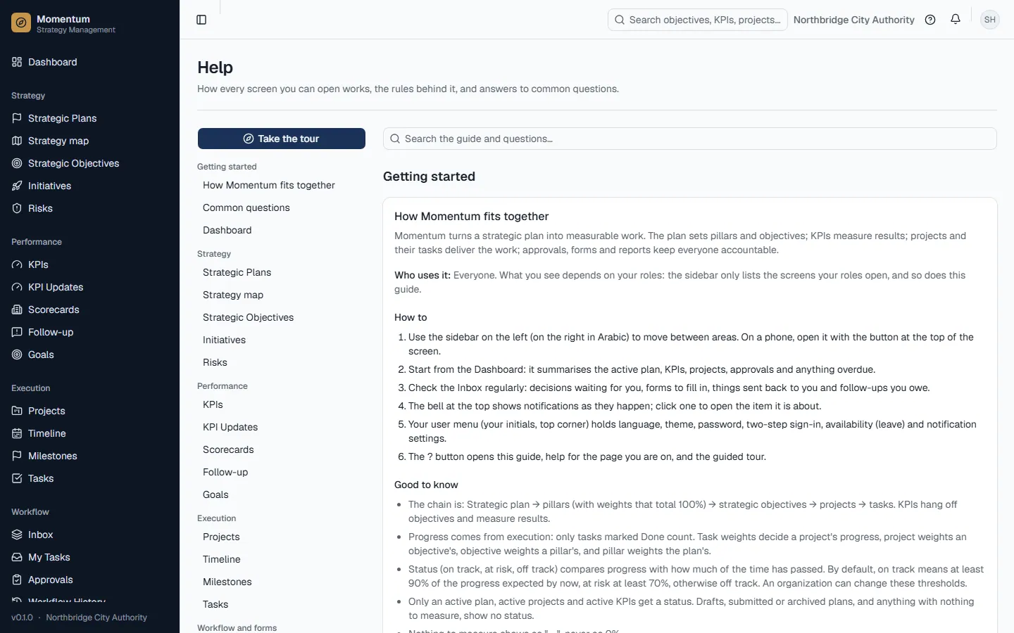 The in-app guide, searchable, for every screen