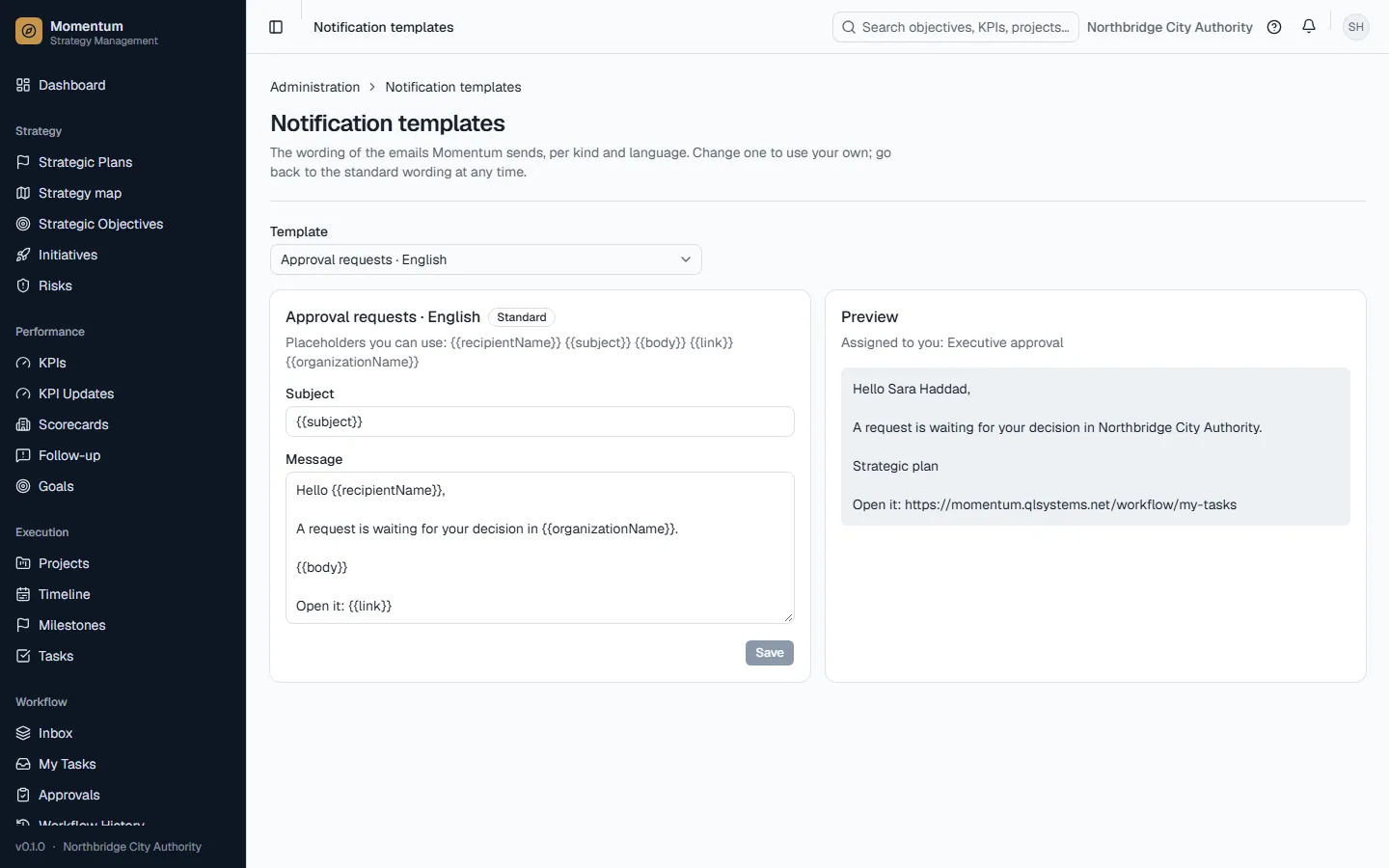Email templates in English and Arabic, with a live preview