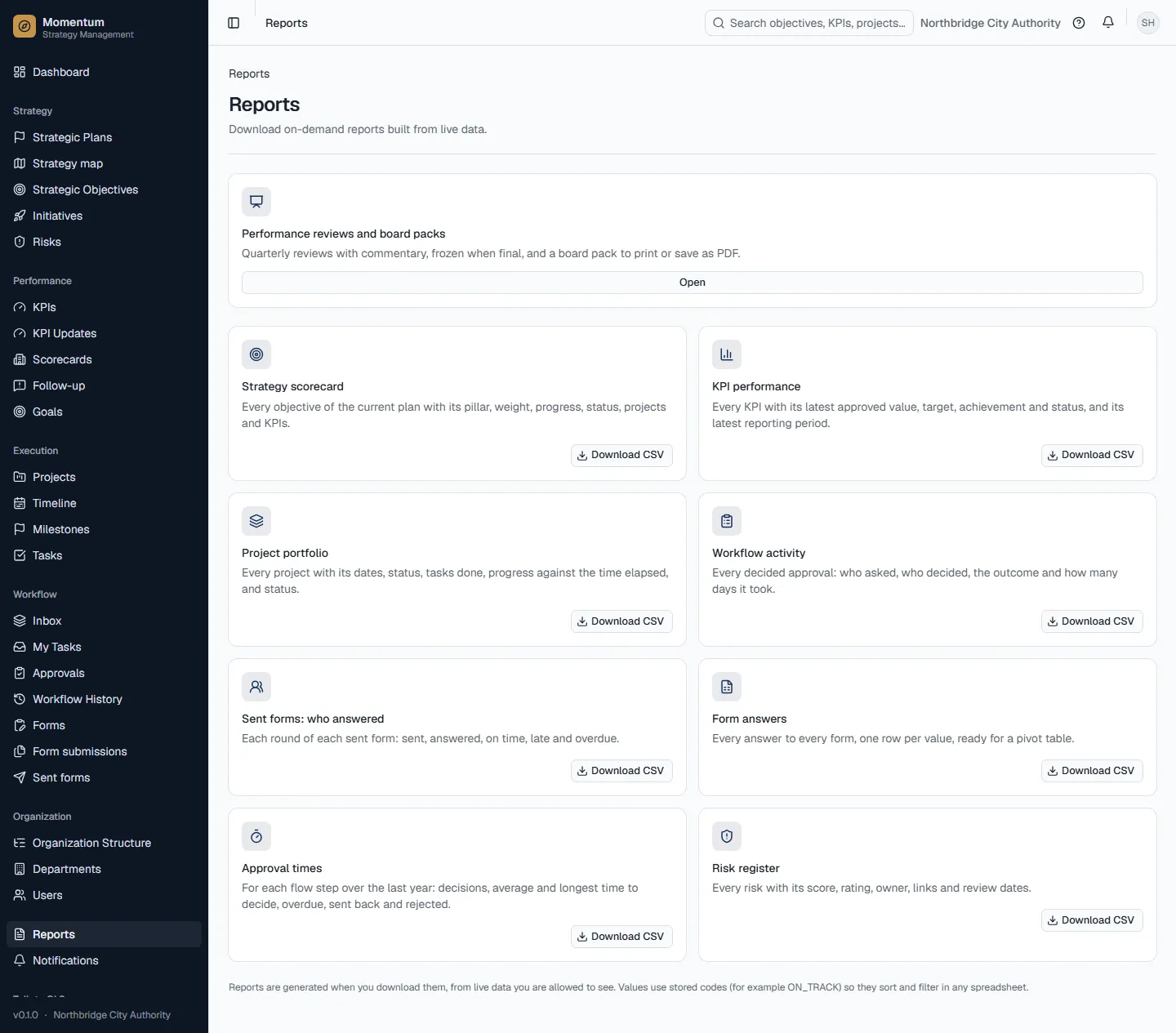 Reports: CSV downloads and quarterly reviews